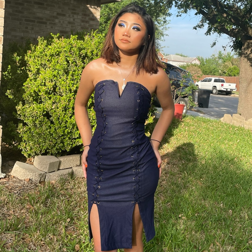 Navy blue fitted dress with lace designs